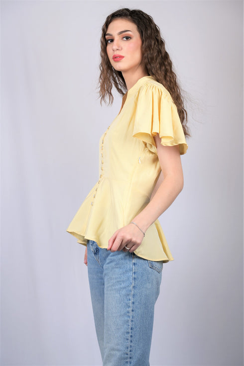 Yellow Embellished V-Neck Flutter Sleeves Peplum Top (OTL-TPS1004)